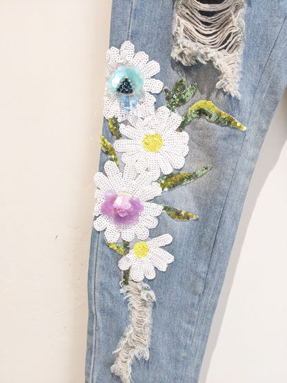 Floral Sequin Blue Jeans