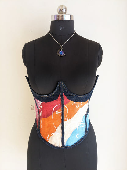 Hand painted Denim Faces Abstract Under Bust Corset