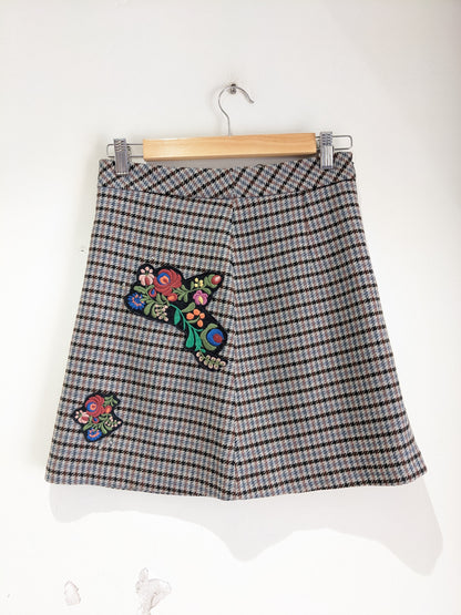 Zara Brown Floral Embroidered Checked Mini Skirt