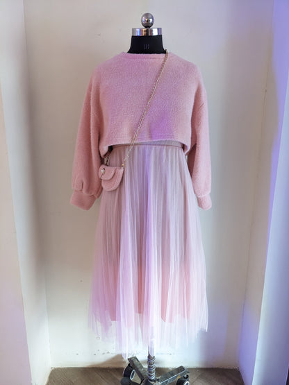 Wonderlust By Sahiba Pink Sweater & Dress With Gil Bag