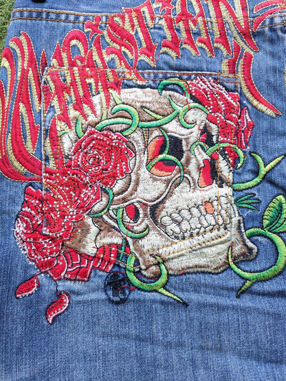 Christian Audigier Skull Embroidered Jeans