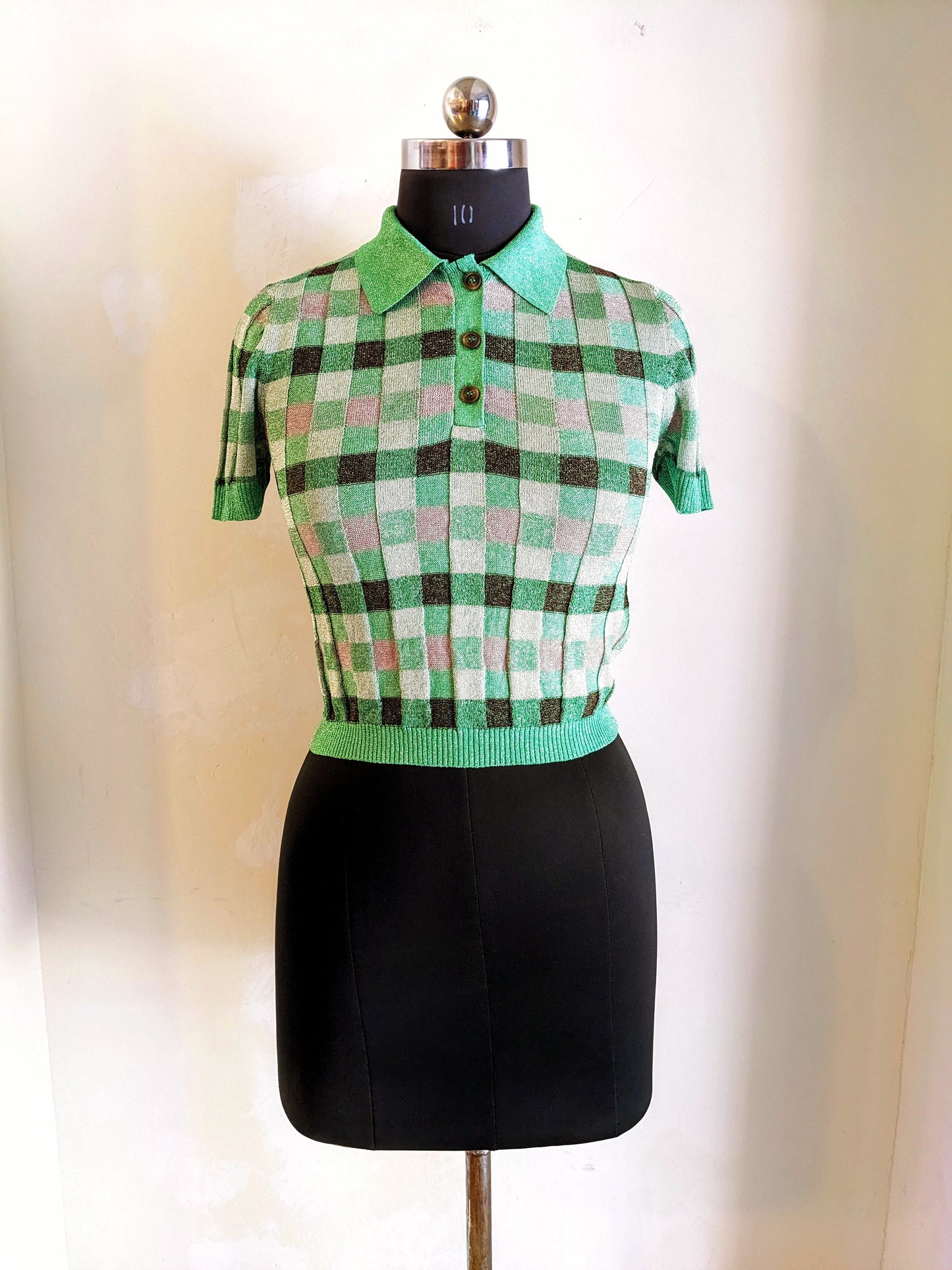 Fine Knit Print Shimmer Polo Shirt In Green