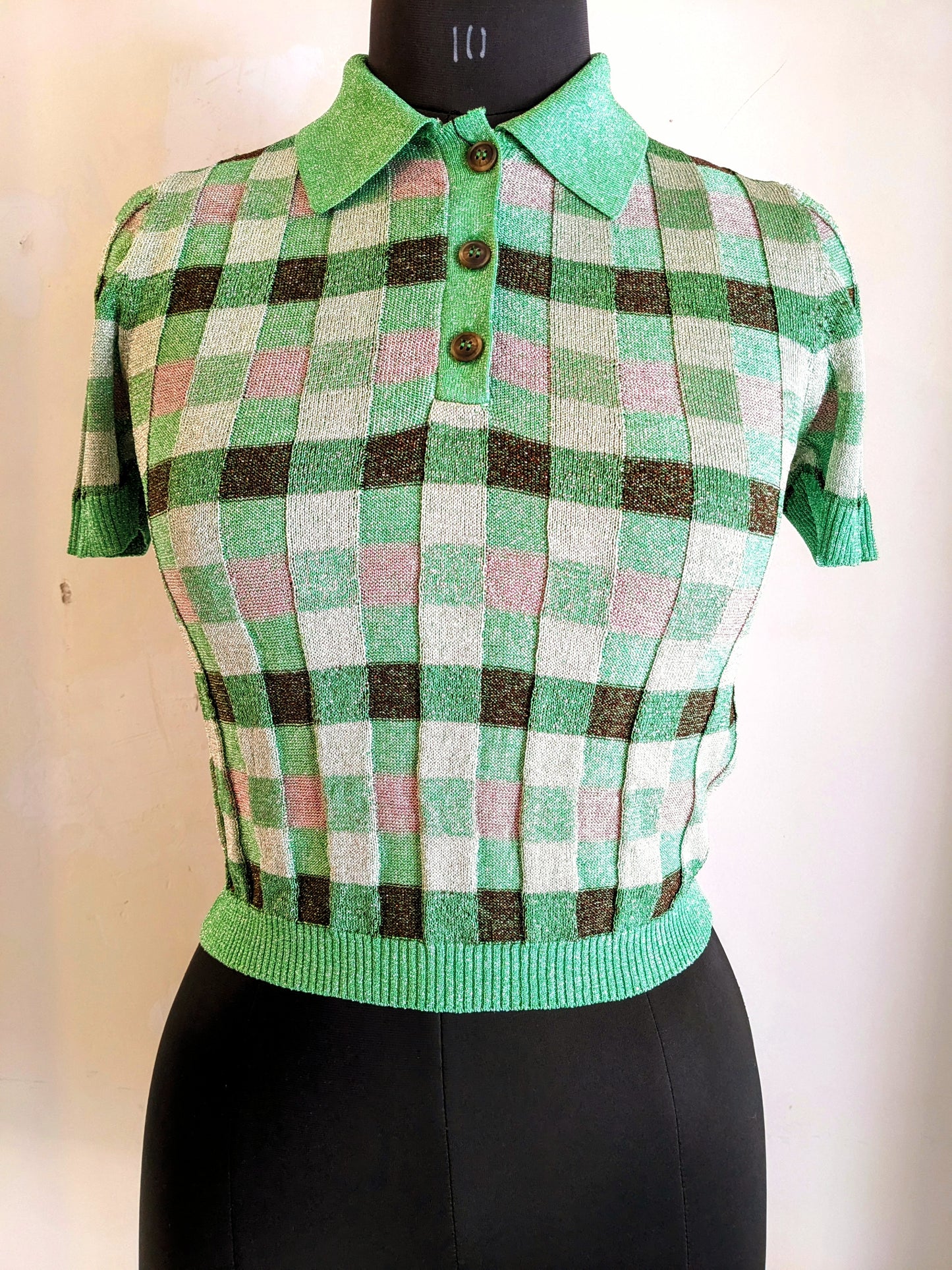 Fine Knit Print Shimmer Polo Shirt In Green