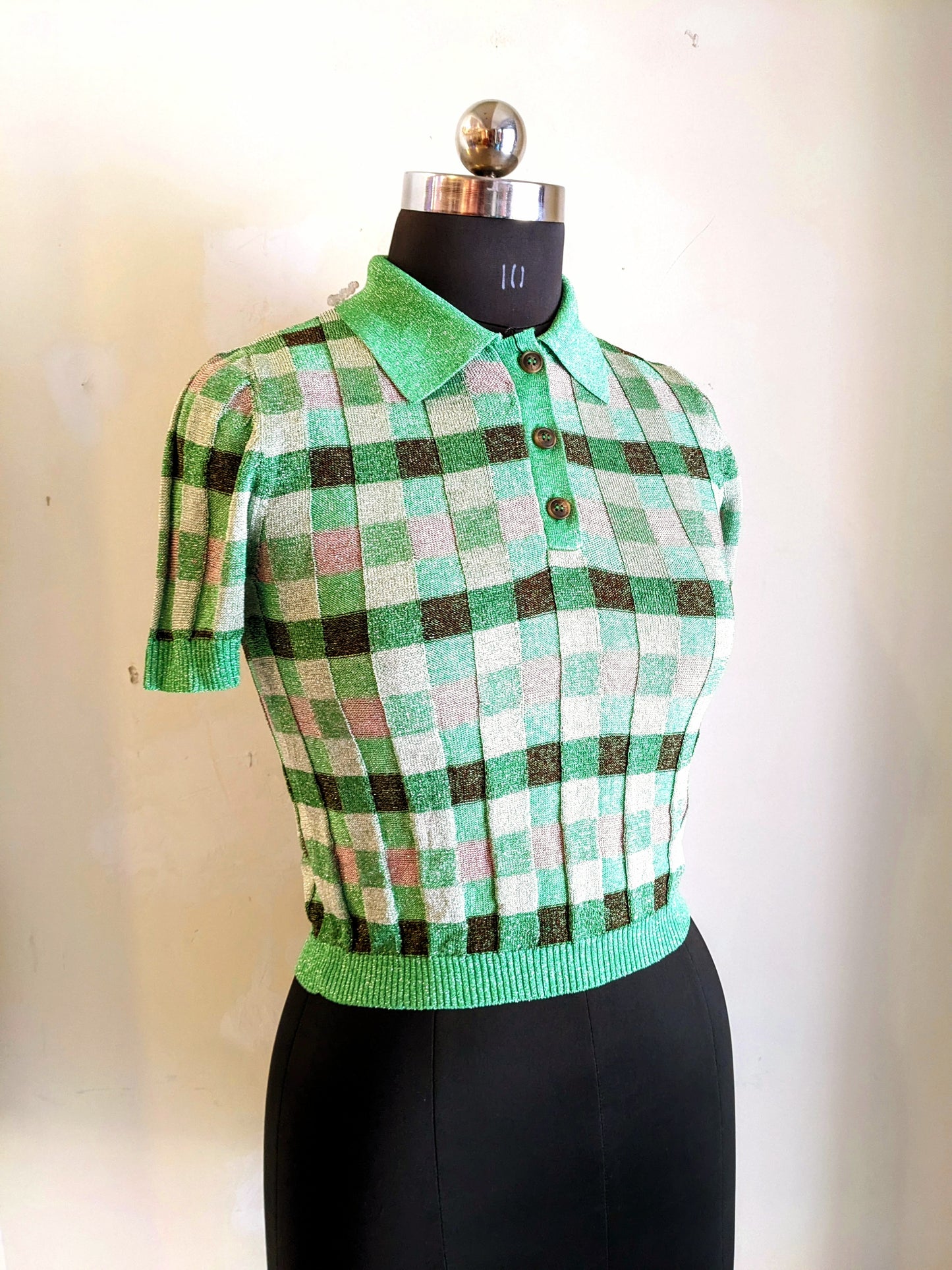 Fine Knit Print Shimmer Polo Shirt In Green