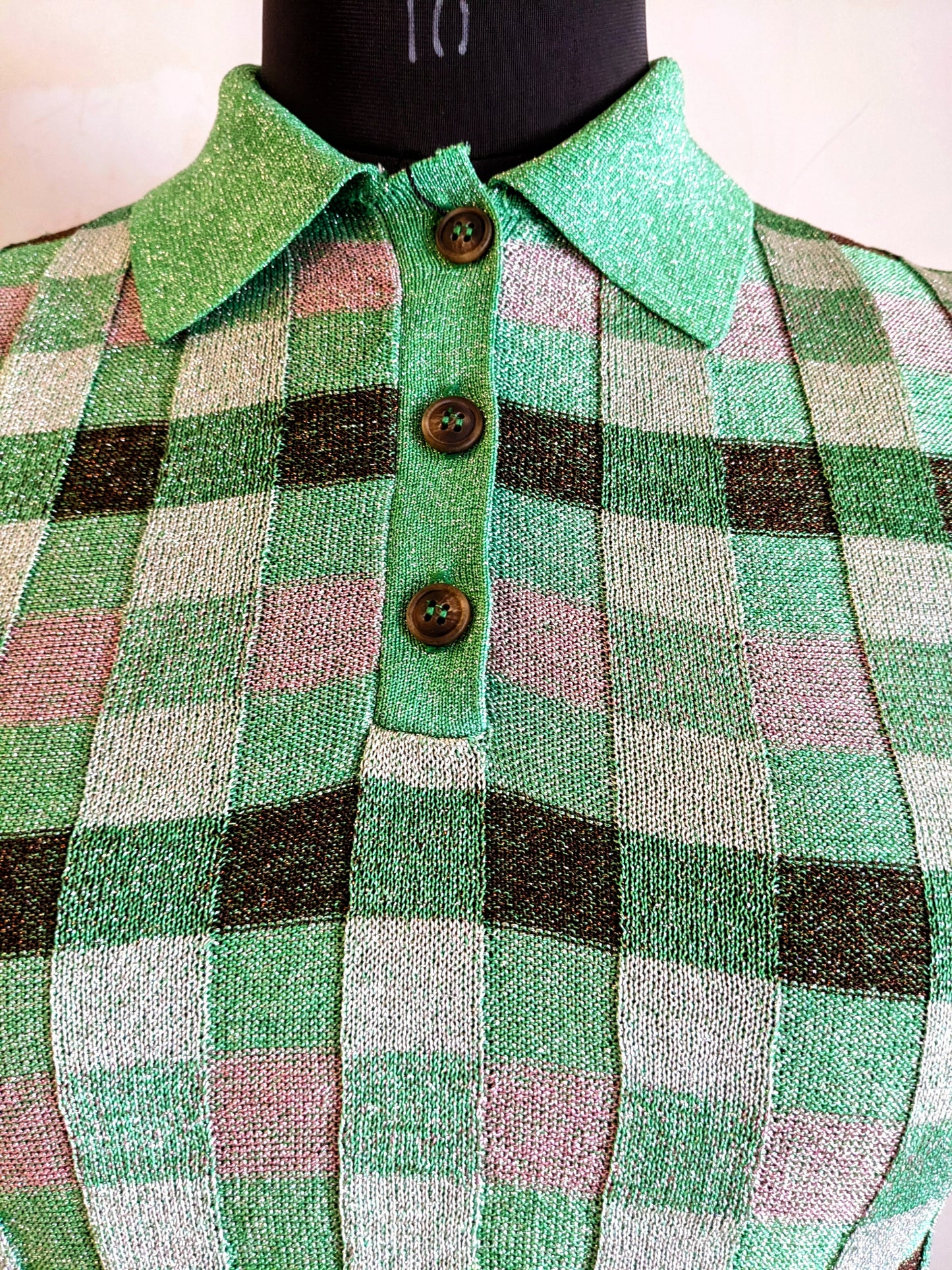 Fine Knit Print Shimmer Polo Shirt In Green