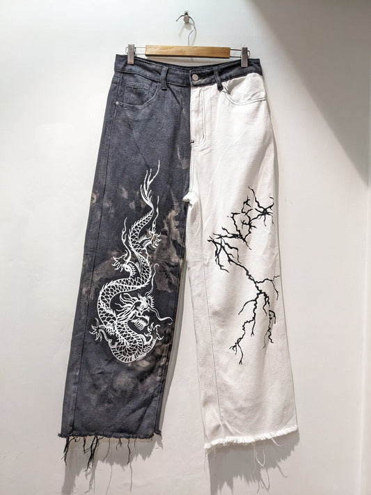 Oriental Dragon and Lightning Print Wide Jeans