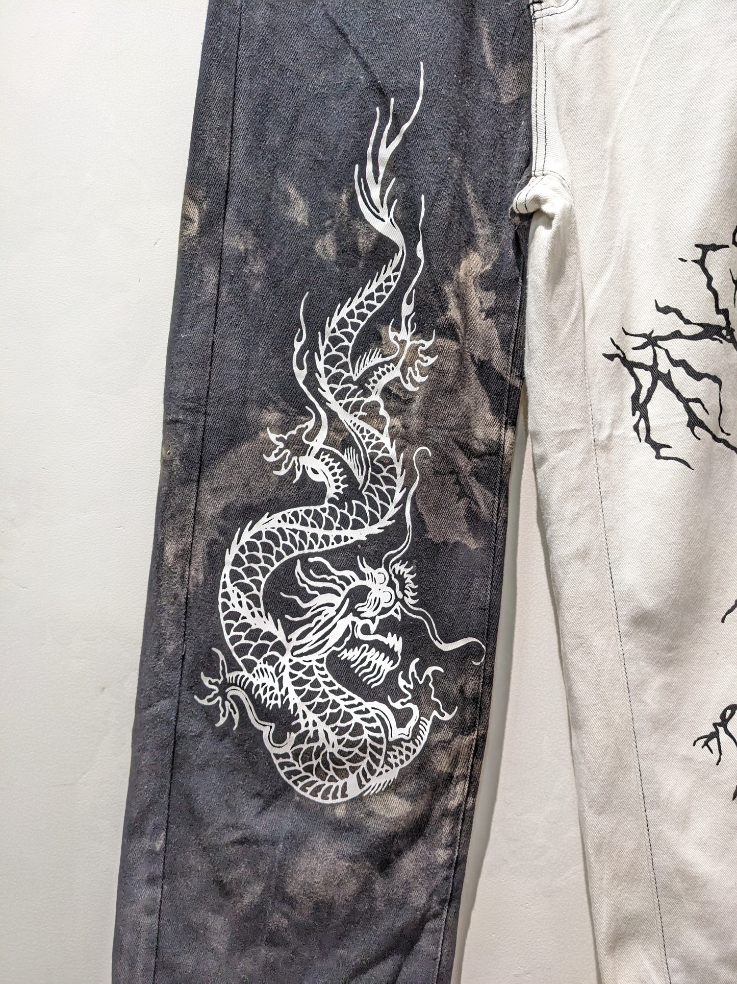 Oriental Dragon and Lightning Print Wide Jeans