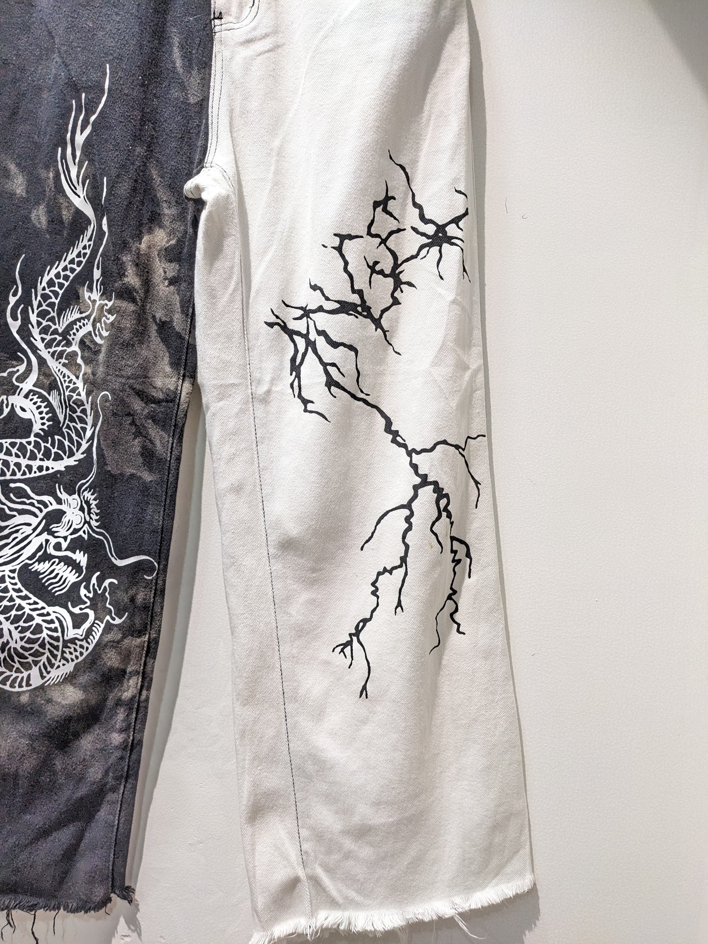 Oriental Dragon and Lightning Print Wide Jeans