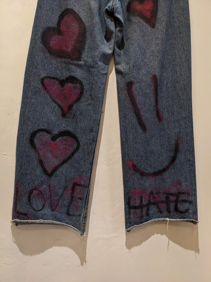 Dark Blue Straight Fit Jeans With Heart Graffiti