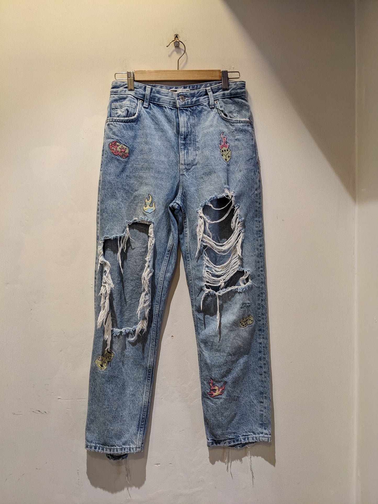 Bershka Light Blue Jeans With Embroidered Patches