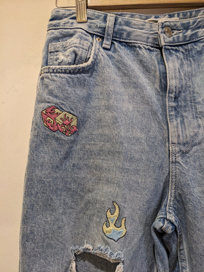 Bershka Light Blue Jeans With Embroidered Patches