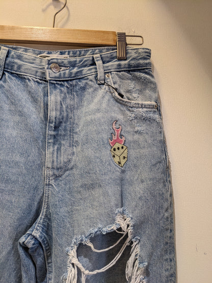 Bershka Light Blue Jeans With Embroidered Patches