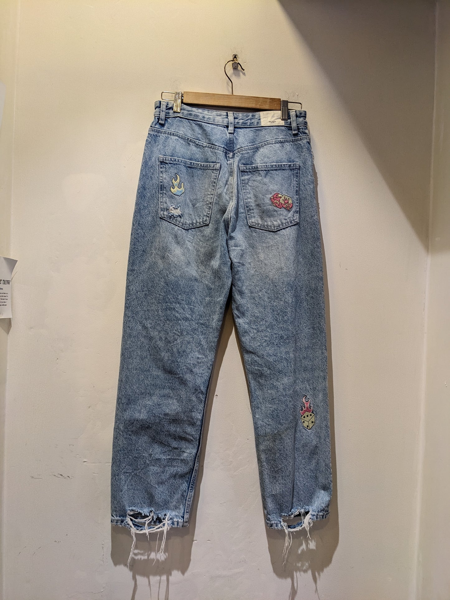 Bershka Light Blue Jeans With Embroidered Patches