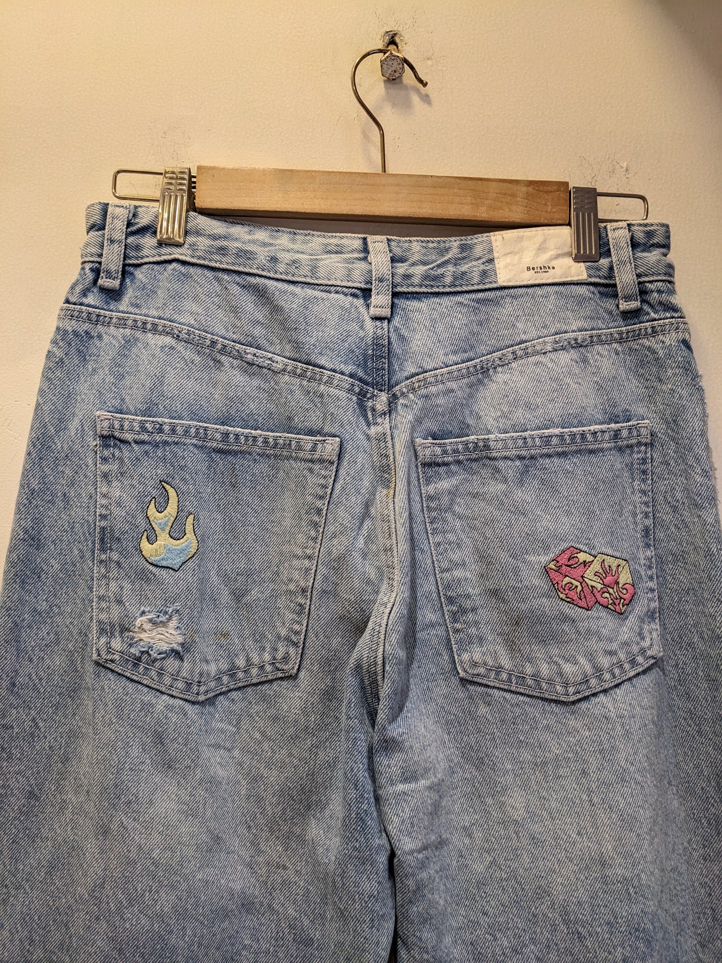 Bershka Light Blue Jeans With Embroidered Patches