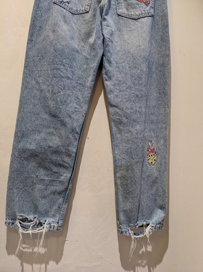 Bershka Light Blue Jeans With Embroidered Patches