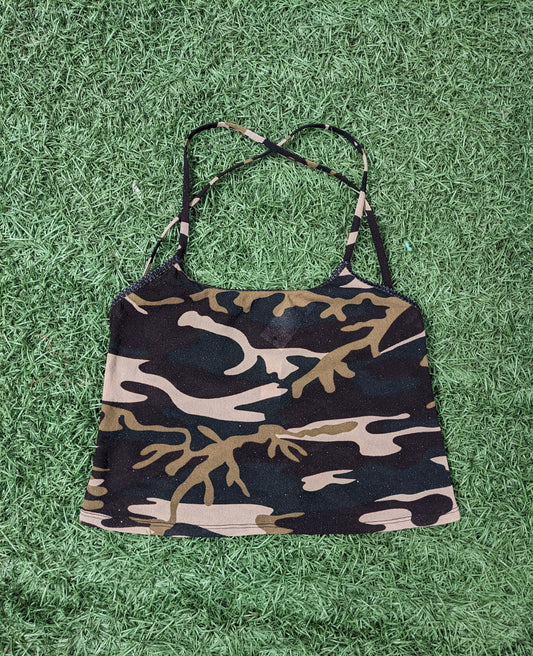 Military Print Shimmer Halter Neck Top