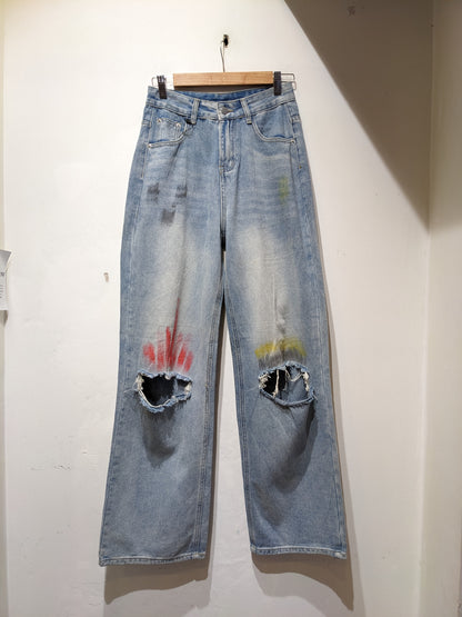 Graffiti Knee Fit Jeans High   Ripped