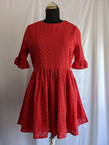 How When Wear Red Broderie Dress With Frill Sleeve
