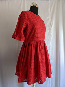 How When Wear Red Broderie Dress With Frill Sleeve