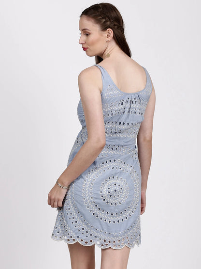 Ritu Kumar Sky Blue & Ecru Self Pattern Tiered Dress