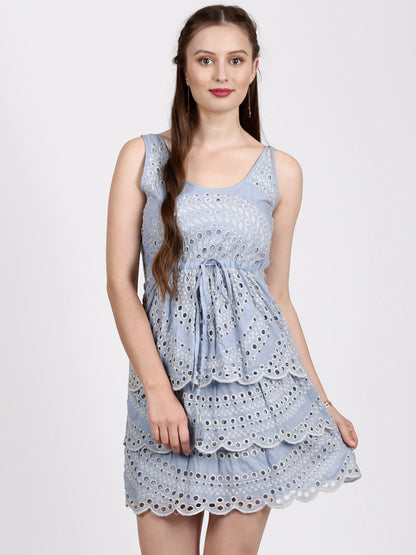 Ritu Kumar Sky Blue & Ecru Self Pattern Tiered Dress