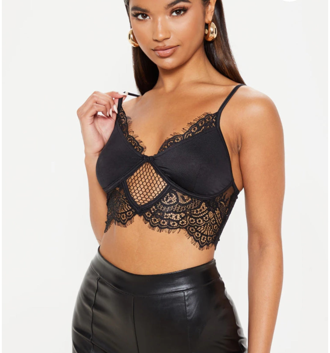 Prettylittlething Black Lace Trim Strappy Bralet Top