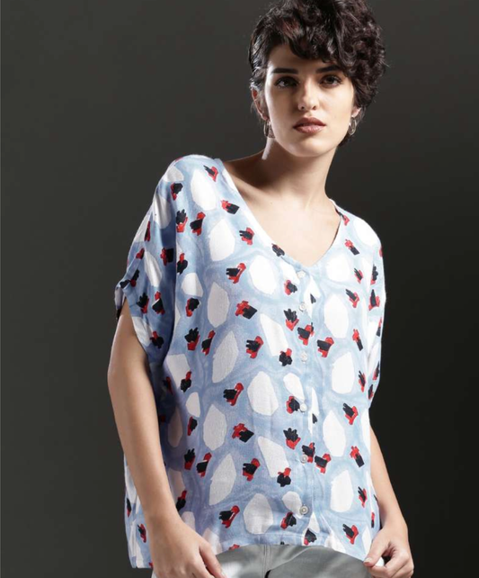 Jodi Blue & white Printed Flintstone Boxy Casual Shirt