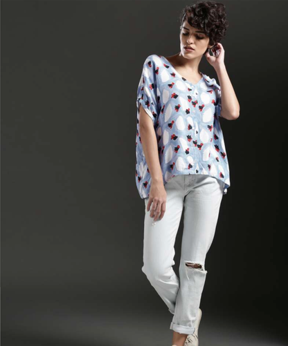 Jodi Blue & white Printed Flintstone Boxy Casual Shirt