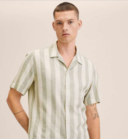 Mango Man Off White & Green Striped Casual Shirt