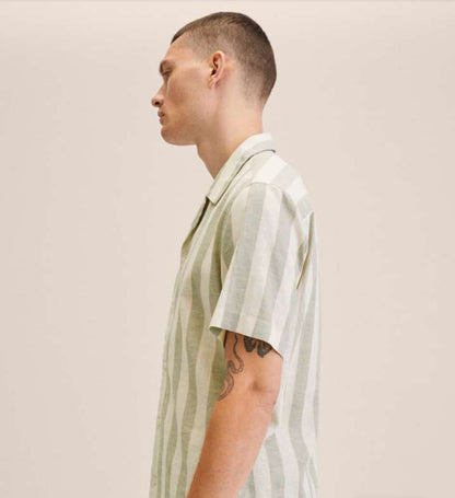 Mango Man Off White & Green Striped Casual Shirt