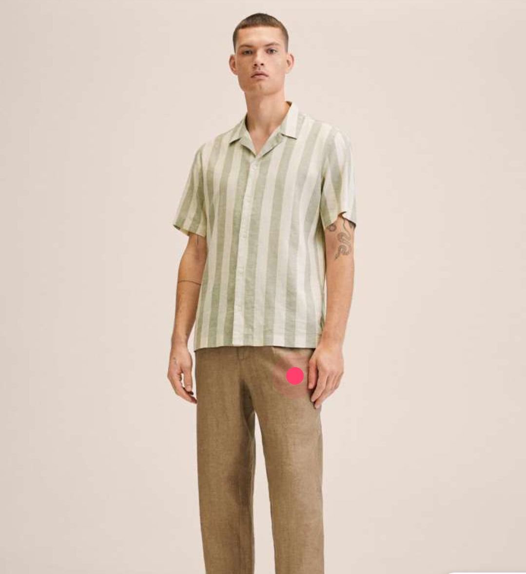 Mango Man Off White & Green Striped Casual Shirt