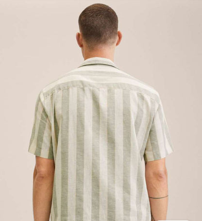 Mango Man Off White & Green Striped Casual Shirt