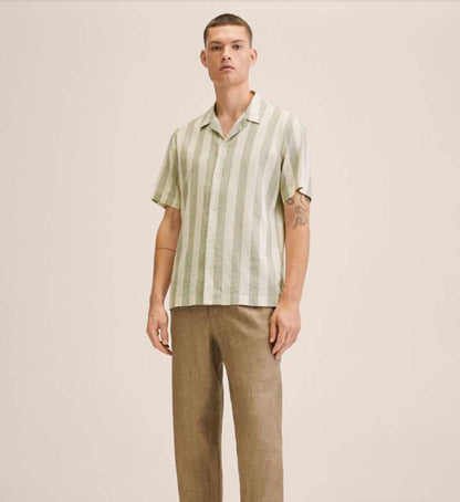 Mango Man Off White & Green Striped Casual Shirt