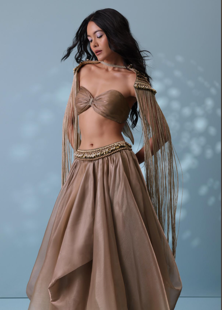 KALKI Taupe Brown Embroidered Cowl Lehenga And Cape Blouse In Shimmer Organza