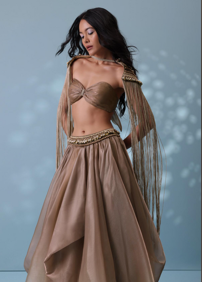 KALKI Taupe Brown Embroidered Cowl Lehenga And Cape Blouse In Shimmer Organza