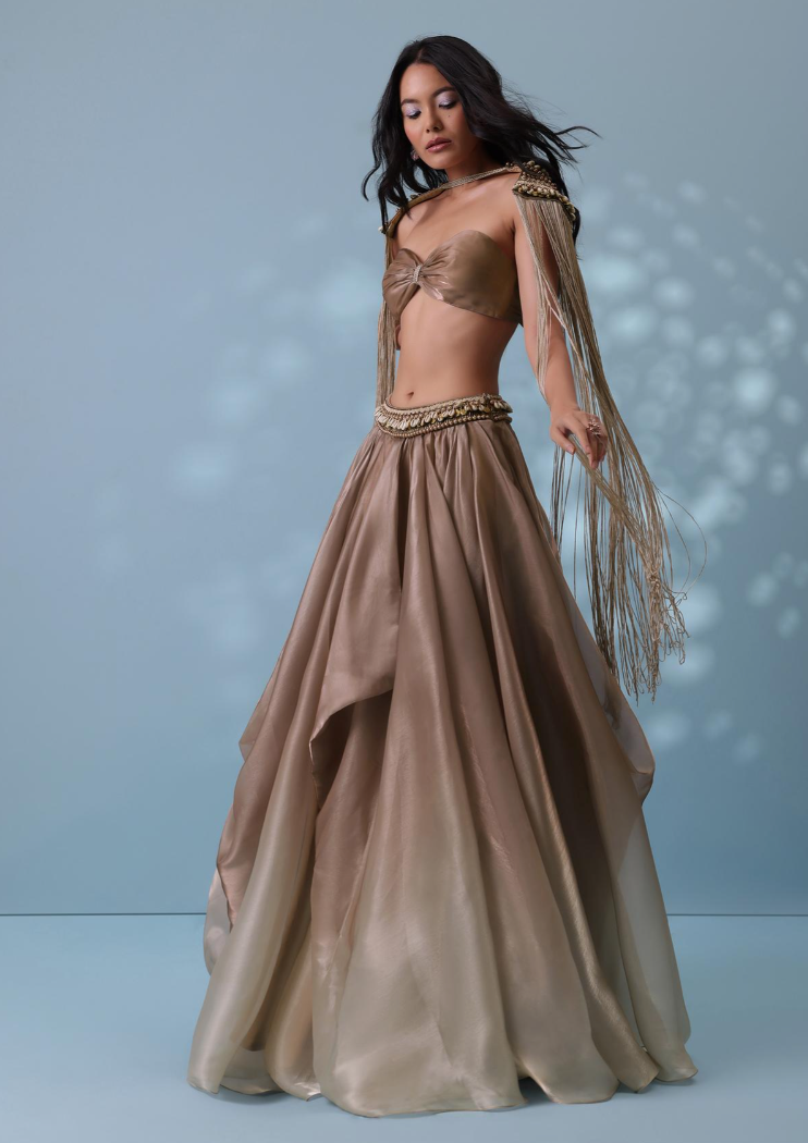 KALKI Taupe Brown Embroidered Cowl Lehenga And Cape Blouse In Shimmer Organza