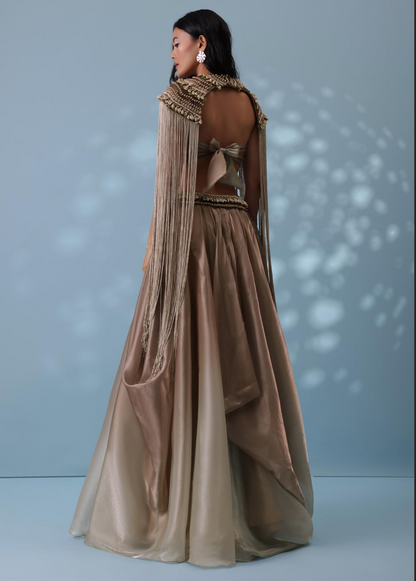 KALKI Taupe Brown Embroidered Cowl Lehenga And Cape Blouse In Shimmer Organza