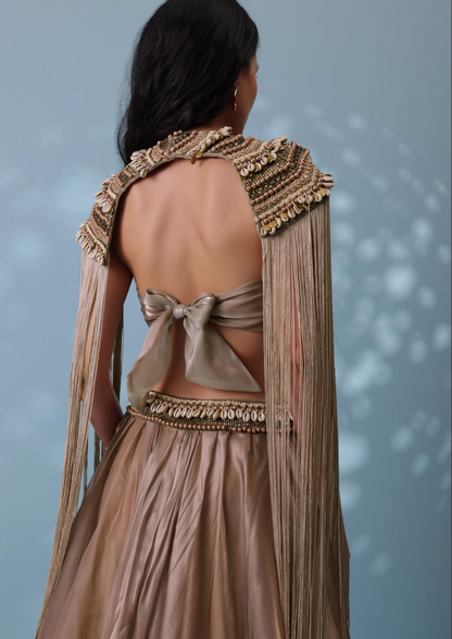 KALKI Taupe Brown Embroidered Cowl Lehenga And Cape Blouse In Shimmer Organza