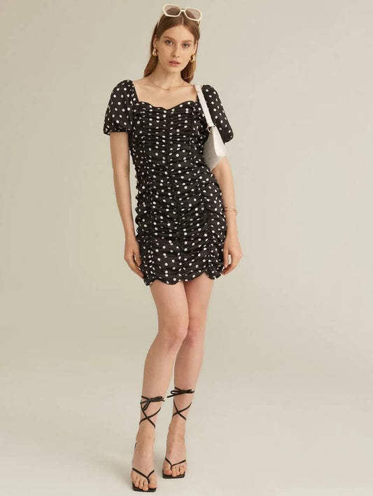 Zara Black Polka Dot Puff Sleeve Scrunch Mini Dress