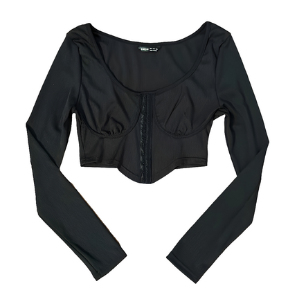 Shein Black Ribbed Corset Long Sleeve Crop Top