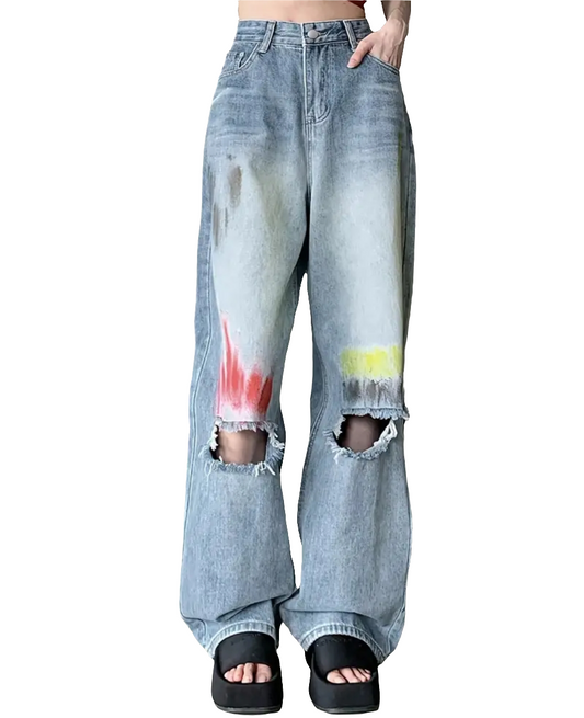 Graffiti Knee Fit Jeans High   Ripped