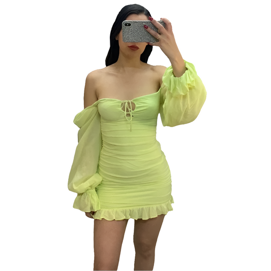 Oh Polly Long Sleeve Mesh  Mini Dress Pastel Green