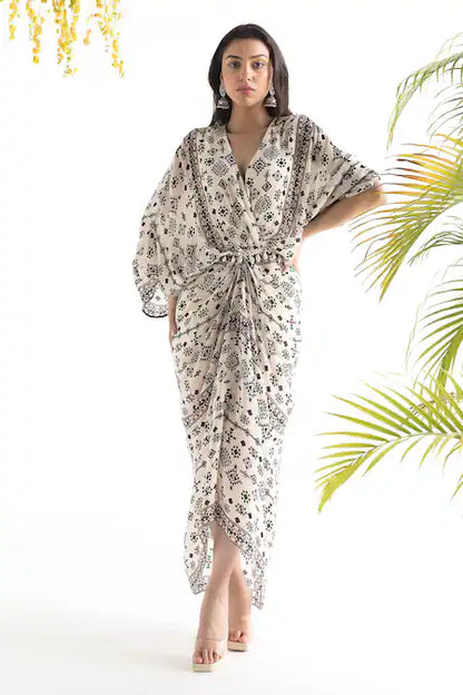 Chhavvi Aggarwal White Crepe Printed Geometric V Neck Kaftan Dress