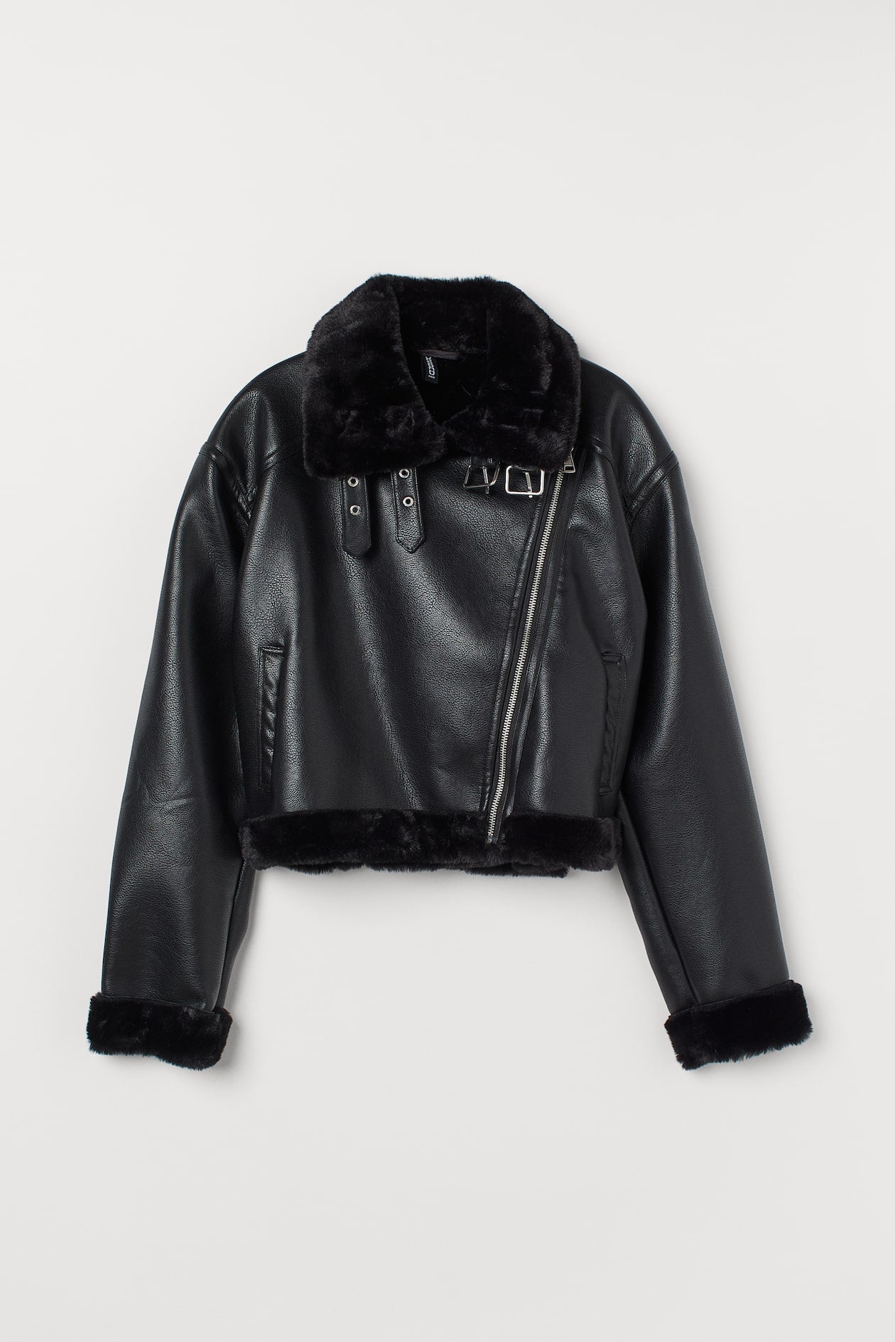 H&M Black Leather Jacket With Fur Detailing