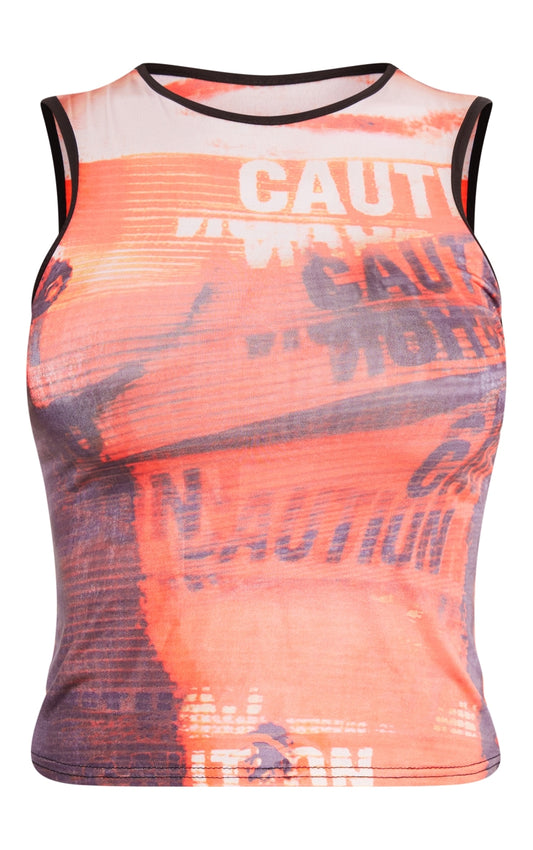 Prettylittlething Caution Body Printed Slinky Racer Top