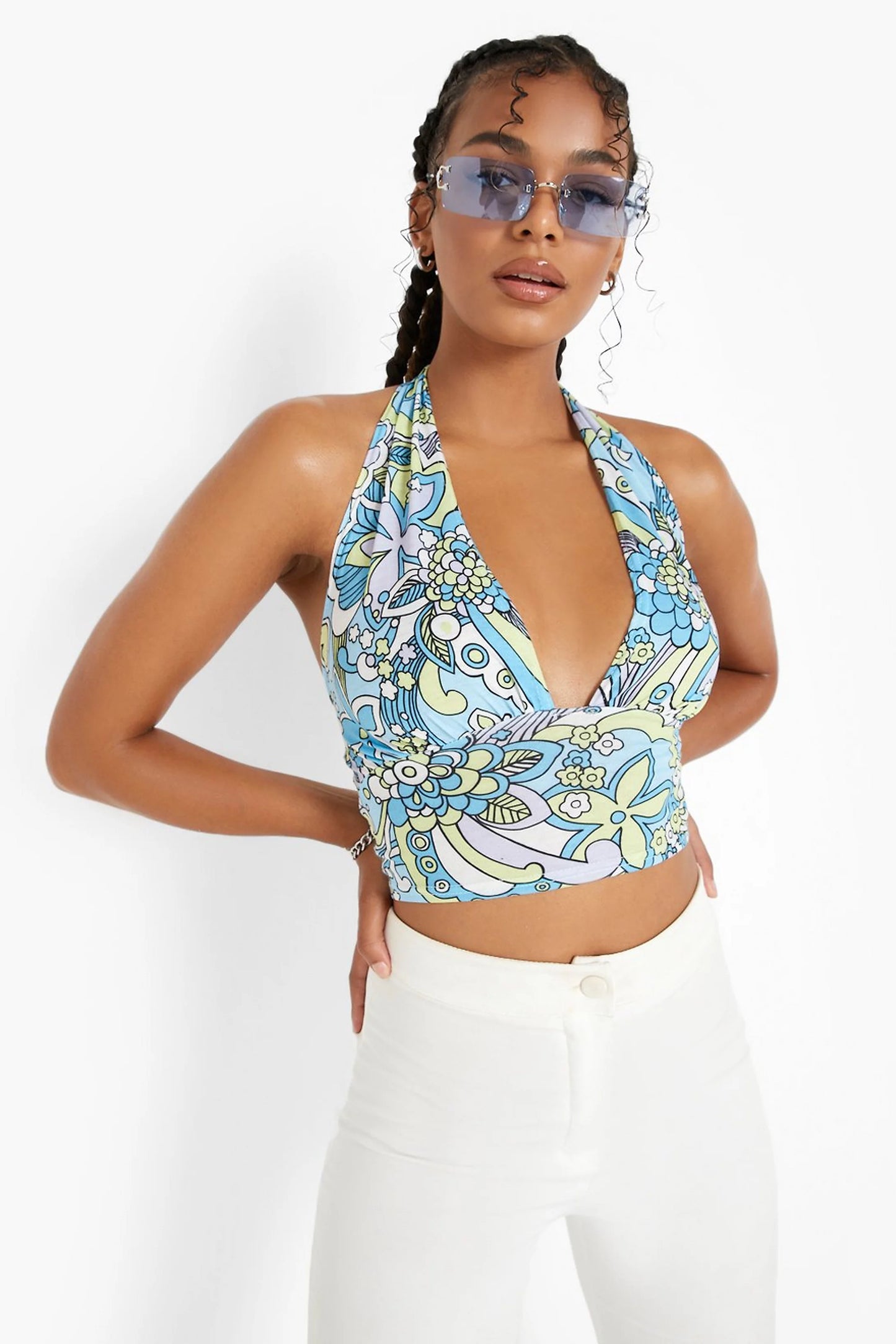 Boohoo Floral Printed Plunge Halter Crop Top