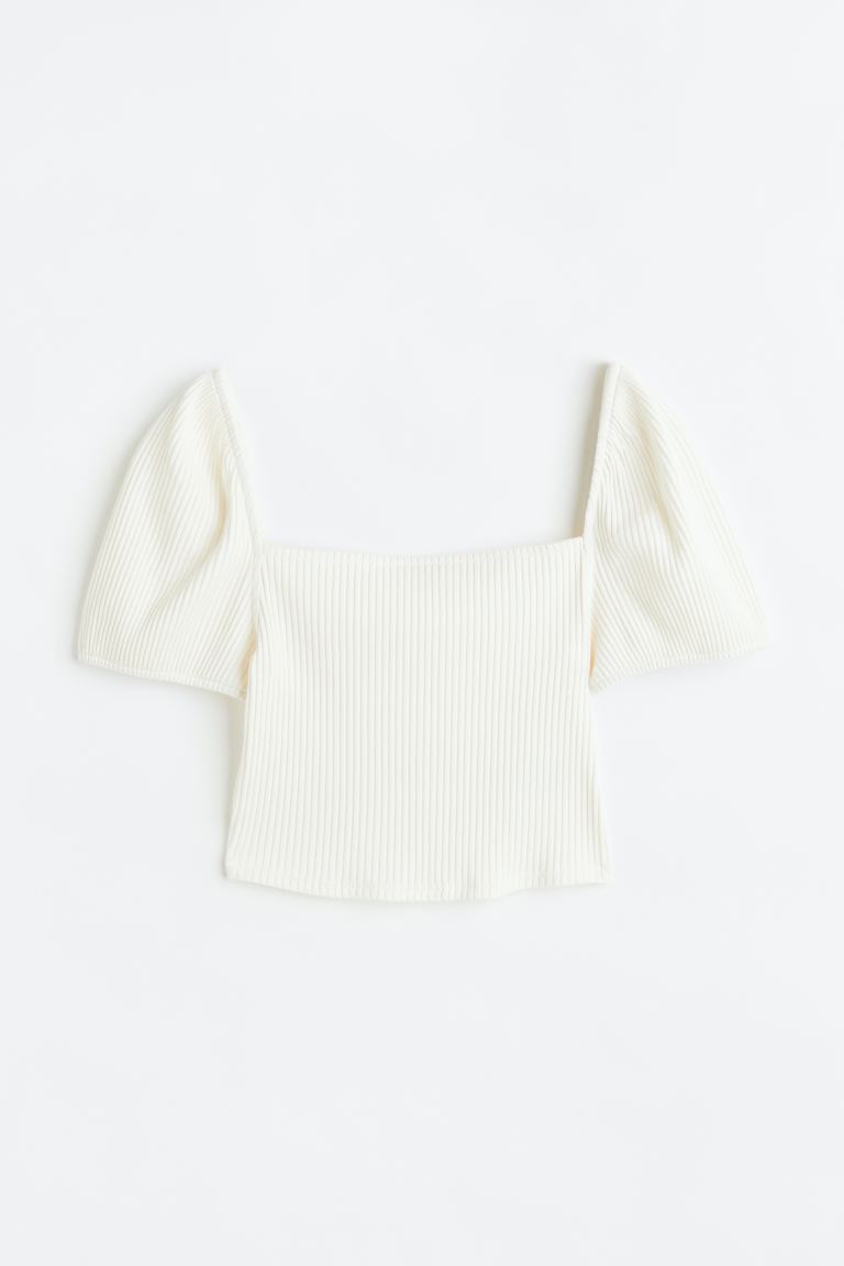 H&M Puff Sleeved Ribbed Cream Top