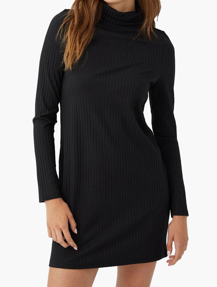 Supre Rib roll neck ls mini dress - black