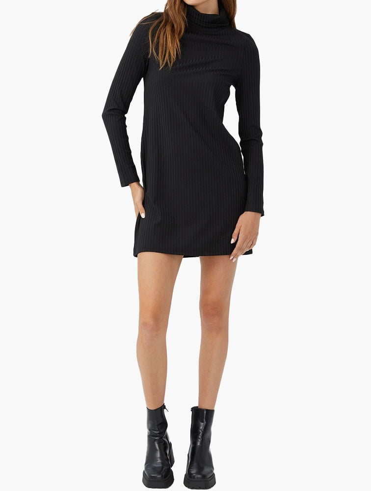 Supre Rib roll neck ls mini dress - black