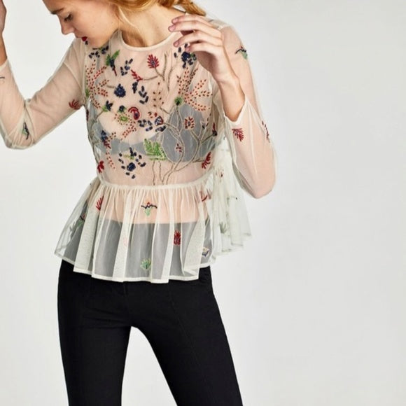 Zara Sheer Embroidery Beeded Top